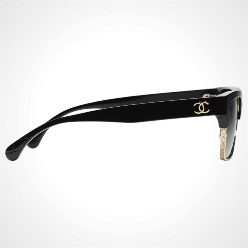New CHANEL Sunglasses Black Gold Cat Eye Square Metal Acetate Quilted Womens - Picture 3 of 5